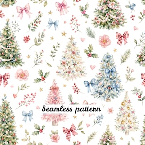 Coquette Christmas Tree Seamless Pattern | Watercolor Pink, Blue & White Holiday Trees with Bows | Vintage Cottagecore Christmas Repeat JPG
