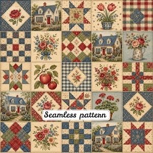 Op de afbeelding: Een raster van vierkante stoffen lapjes met een naadloos patroon van huizen, bloemenboeketten, rode appels en geometrische quiltblokken in blauw-, rood-, groen- en crèmetinten. De tekst Seamless pattern staat in het midden.