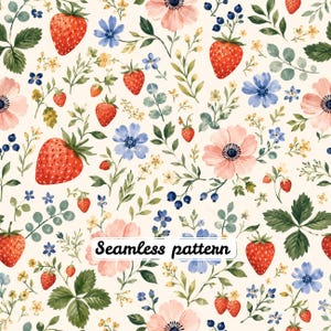 Può includere: Un motivo continuo con illustrazioni ad acquerello di fragole rosse, fiori di anemone rosa, piccoli fiori blu e foglie verdi su uno sfondo color crema. Il testo Seamless pattern è stampato in nero al centro.