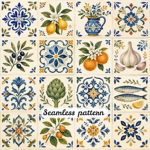 Pode incluir: Uma grade de dezasseis azulejos quadrados com um padrão contínuo de motivos florais azuis e amarelos, limões, um jarro azul com flores, azeitonas, laranjas, alho, uma alcachofra e peixes. O texto Seamless pattern está centrado.