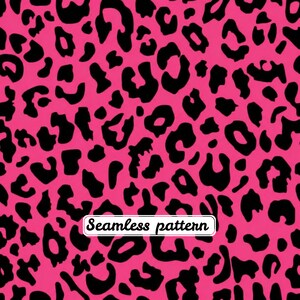 Peut inclure: Un fond rose vif orné d'un motif répétitif de taches de léopard noires. Le design comprend une étiquette rectangulaire blanche aux coins arrondis portant le texte noir Seamless pattern centré dans la partie inférieure de l'image.