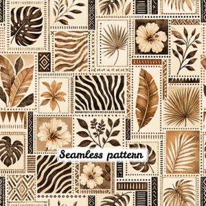 Neutral Boho Tropical Patchwork Seamless Pattern, Safari Botanical Quilt Print, Zebra Palm Leaf Fabric, Earth Tone Digital Paper JPG