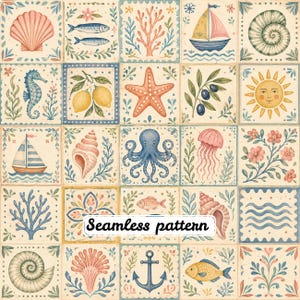 May include: A seamless pattern featuring a grid of square tiles with illustrations of seashells, fish, a sailboat, coral, a seahorse, lemons, a starfish, olives, a sun, an octopus, a jellyfish, flowers, an anchor, and waves in soft colors.