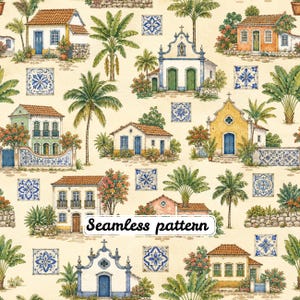 Puede incluir: Un patrón continuo con ilustraciones de casas de estilo colonial, iglesias y palmeras sobre un fondo crema. El diseño incluye azulejos decorativos azules y blancos intercalados entre los edificios y un exuberante follaje tropical verde.