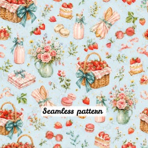 Strawberry Picnic Seamless Pattern, Watercolor Baskets Florals Pink Gingham Bows Cottagecore Summer Digital Paper JPG