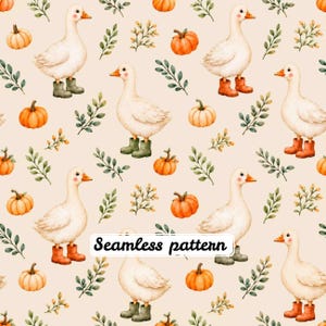Può includere: Un motivo continuo con oche bianche che indossano stivali di gomma arancioni o verdi, intervallate da zucche arancioni e rametti di foglie verdi su uno sfondo beige chiaro. Il testo Seamless pattern è centrato in un riquadro bianco.