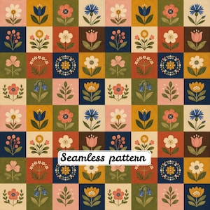 Pode incluir: Um padrão sem costuras baseado numa grelha com várias ilustrações florais em quadrados de azul-marinho, amarelo-mostarda, terracota e rosa suave. Cada quadrado contém um motivo botânico único, incluindo margaridas, tulipas e bagas. O texto "Seamless pattern" está centrado.