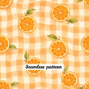 Könnte beinhalten: Ein nahtloses Muster mit Aquarell-Orangenscheiben und grünen Blättern auf einem wellenförmigen, hellorange-weißen Karohintergrund. Der Text "Seamless pattern" ist in Schwarz in der Mitte des Bildes aufgedruckt.