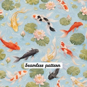 Japanese Koi Pond Seamless Pattern JPG, Watercolor Koi Fish Digital Paper, Lotus Lily Pad Fabric Print, Zen Garden Asian Repeat