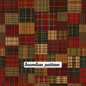 Pode incluir: Um padrão sem costuras com um design de patchwork de vários quadrados de tecido xadrez e tartan em tons de vermelho, verde escuro, castanho e bege. O texto "Seamless pattern" está impresso num retângulo branco no centro.