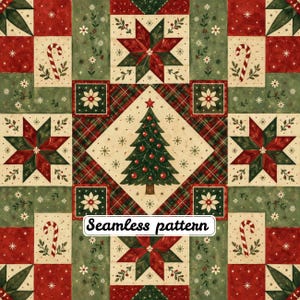 Könnte beinhalten: Ein nahtloses Muster mit einem zentralen Weihnachtsbaum mit roten Kugeln in einer Rautenform, umgeben von roten und grünen Weihnachtsstern-Motiven, Zuckerstangen und karierten Quadraten. Der Text Seamless pattern ist mittig aufgedruckt.