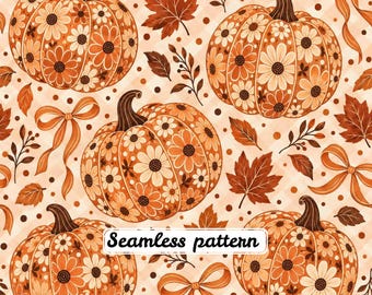 Patrón sin costuras de lazo de calabaza floral retro, estampado otoñal de margaritas vintage, papel digital JPG de tela botánica vintage