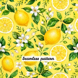 Watercolor Lemon Citrus Seamless Pattern JPG, Bright Summer Botanical Digital Paper, Lemon Blossom Fruit Fabric Print, Instant Download