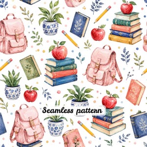 Pode incluir: Um padrão contínuo com ilustrações em aguarela de mochilas cor-de-rosa, pilhas de livros coloridos de capa dura, maçãs vermelhas, lápis amarelos e plantas verdes em vasos de cerâmica com padrões azuis e brancos sobre fundo branco.