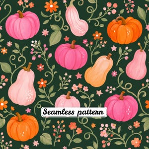 Könnte beinhalten: Ein nahtloses Muster auf dunkelgrünem Hintergrund mit Illustrationen von rosa und orangefarbenen Kürbissen, Zierkürbissen, kleinen orangefarbenen Blumen und Blattreben. Ein weißes rechteckiges Etikett mit dem schwarzen Text Seamless pattern ist zentriert.