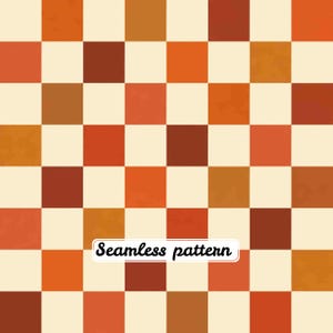 May include: A seamless pattern featuring a grid of alternating squares in various shades of orange, brown, and cream. The design consists of solid-coloured blocks arranged in a checkerboard layout. A white rectangular label displays the text Seamless pattern.