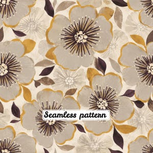 Autumn Neutral Floral Seamless Pattern PNG, Beige Watercolor Flowers, Fall Botanical Fabric Print, Boho Floral Design