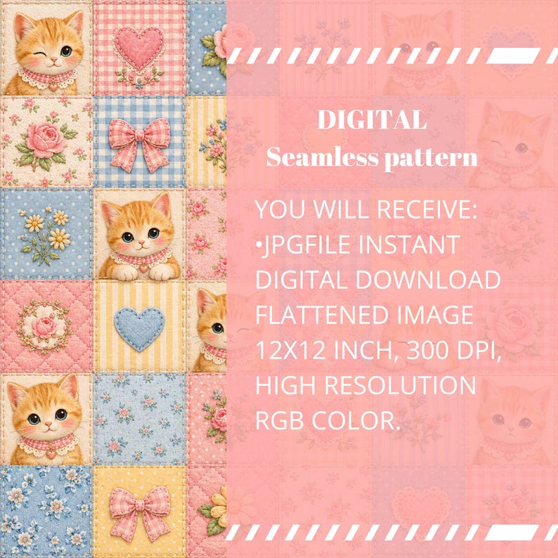 Op de afbeelding: Een digitaal naadloos patroon met een patchwork-raster van oranje kittens, roze harten, blauwe strikken en bloemmotieven. De tekst luidt: DIGITAL Seamless pattern YOU WILL RECEIVE: JPGFILE INSTANT DIGITAL DOWNLOAD FLATTENED IMAGE 12X12 INCH, 300 DPI, HIGH RESOLUTION RGB COLOR.