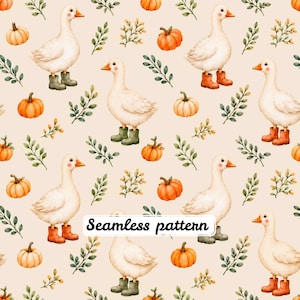 Könnte beinhalten: Ein nahtloses Muster mit weißen Gänsen, die orangefarbene oder grüne Gummistiefel tragen, durchsetzt mit orangefarbenen Kürbissen und grünen Blattzweigen auf einem hellbeigen Hintergrund. Der Text Seamless pattern steht zentriert in einem weißen Kasten.