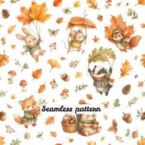 May include: A seamless pattern featuring watercolor illustrations of woodland animals including a rabbit, mouse, squirrel, badger, fox, and hedgehog, all wearing sweaters, surrounded by autumn leaves, pinecones, mushrooms, and the text Seamless pattern.
