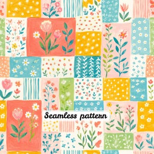 Pode incluir: Um padrão sem costuras apresentando um mosaico de blocos retangulares com motivos florais pintados à mão, bolinhas e listras verticais em tons de coral, amarelo, azul claro, rosa e verde. O texto Seamless pattern está centralizado.