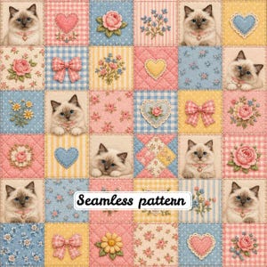May include: A seamless pattern featuring a grid of squares with illustrations of Ragdoll kittens, pink roses, blue flowers, yellow daisies, pink gingham bows, and hearts in pastel shades of pink, blue, and yellow. The text Seamless pattern is centred.