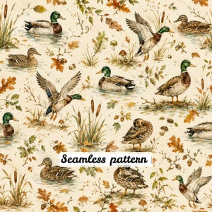 Watercolor Mallard Ducks Seamless Pattern | Rustic Woodland Ducks, Autumn Wetland, Oak Leaves & Nature Digital Paper JPG