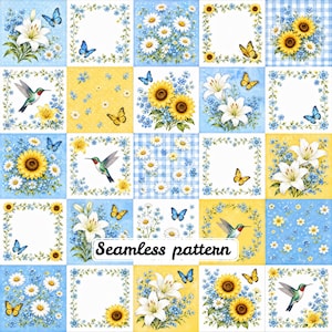 Puede incluir: Un patrón sin costuras que presenta una cuadrícula de cuadrados con ilustraciones de girasoles, lirios blancos, nomeolvides azules, mariposas y colibríes sobre fondos azules, amarillos y a cuadros, con el texto Seamless pattern.