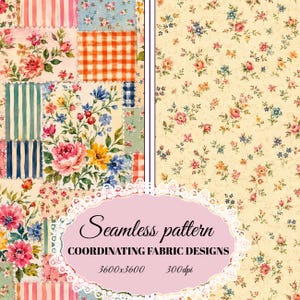 Puede incluir: Un gráfico digital que presenta dos patrones sin costuras. El lado izquierdo muestra un diseño de patchwork de cuadrados florales, a rayas y a cuadros. El lado derecho muestra un fondo crema con pequeñas flores dispersas. Texto Seamless pattern.