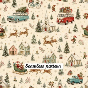 Naadloos patroon van een vintage kerstdorp (JPG), retro vakantiestof in aquarel, kerstman in klassieke auto, winterpatroon, gezellig digitaal kerstthema