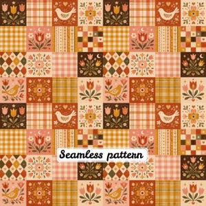 Puede incluir: Un patrón sin costuras con una cuadrícula de azulejos cuadrados en tonos otoñales cálidos de naranja, marrón, crema y rosa. El diseño incluye ilustraciones de pájaros, tulipanes, flores, corazones, estrellas, lunas y motivos de cuadros con el texto Seamless pattern.