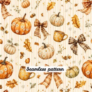 Cozy Autumn Pumpkin Bow Seamless Pattern, Watercolor Fall Daisies Plaid Ribbon Acorns Cottagecore Digital Paper JPG