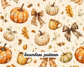 Motif sans couture automnal chaleureux avec nœud citrouille, aquarelle, marguerites d'automne, ruban à carreaux, glands, style cottagecore, papier numérique JPG