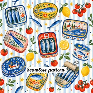 Può includere: Un motivo continuo con illustrazioni di scatolette di sardine, pesci interi, limoni e pomodori su uno sfondo a righe azzurre e bianche. Le scatole colorate mostrano vari pesci, scene costiere e motivi floreali con linguette.