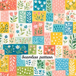 Könnte beinhalten: Ein nahtloses Muster mit einem Raster aus rechteckigen Blöcken mit handgemalten Blumen- und Pflanzenillustrationen in Gelb-, Blau-, Rosa-, Grün- und Weißtönen, mit dem Text Seamless pattern in Schwarz auf einem weißen Etikett gedruckt.