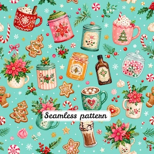 Pode incluir: Um padrão contínuo sobre um fundo azul-turquesa claro com ilustrações de Natal, incluindo canecas de chocolate quente, biscoitos de gengibre, bengalas doces, poinsétias, potes de mel e balas com o texto Seamless pattern.