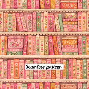 Whimsical Folk Art Floral Bookshelf Seamless Pattern, Pink Cottagecore Library Books Repeat, Vintage Book Lover Fabric JPG