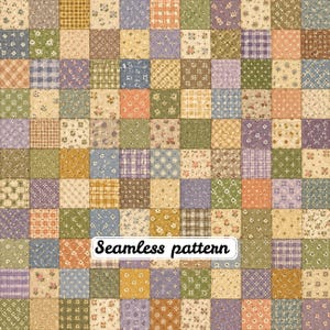 Peut inclure: Une grille de carrés de tissu présentant une variété d'imprimés floraux, à carreaux et vichy dans des tons sourds de vert, bleu, jaune, violet et orange. Le motif répétitif inclut le texte Seamless pattern dans un encadré blanc rectangulaire.
