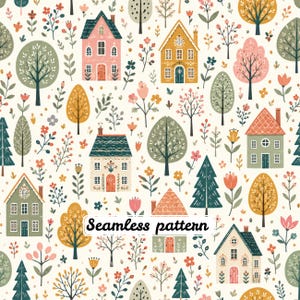 Pode incluir: Um padrão contínuo apresentando várias casas em tons de rosa, amarelo, verde e creme, intercaladas com diversas árvores, flores e folhagens sobre um fundo creme. O texto Seamless pattern está centralizado em fonte cursiva preta.