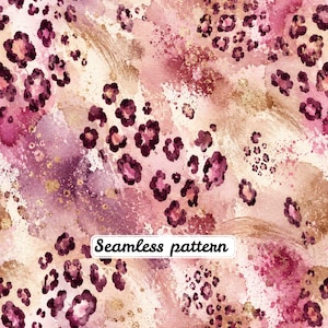 May include: A seamless pattern featuring a watercolour leopard print in shades of pink, burgundy, and cream with gold-toned splatters and brushstrokes. The text Seamless pattern is printed in a white rectangular box in the centre of the image.