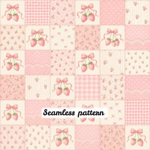 Delicate Pink Strawberry Bow Patchwork Seamless Pattern, Gingham Floral Polka Dot Shabby Chic Digital Paper JPG