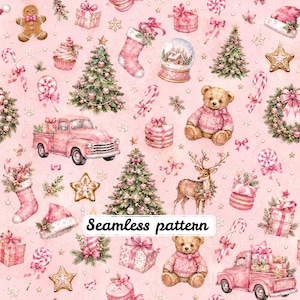 Pode incluir: Um padrão contínuo sobre fundo rosa claro com ilustrações de Natal, incluindo bonecos de gengibre, caminhonetes rosas, ursos de pelúcia, renas, árvores decoradas, meias, presentes e bengalas doces com o texto Seamless pattern.