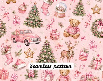 Patrón navideño rosa sin costuras JPG | Árboles navideños coquetos en acuarela, osito de peluche y camión antiguo | Papel digital navideño adorable