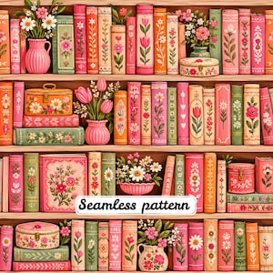 Whimsical Folk Art Floral Bookshelf Seamless Pattern, Pink Cottagecore Library Books Repeat, Vintage Book Lover Fabric JPG