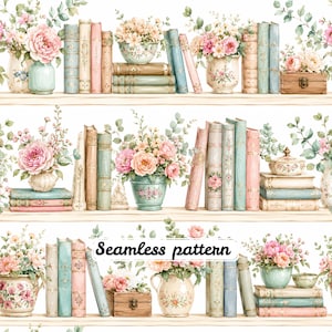Puede incluir: Un patrón continuo que muestra estantes llenos de pilas de libros antiguos, arreglos florales en jarrones de cerámica y pequeñas cajas de madera. La paleta de colores incluye tonos suaves de rosa, azul, verde y crema con detalles botánicos.