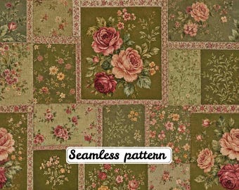 Patrón sin costuras de patchwork de rosas verde oliva vintage, papel digital JPG con estampado botánico floral estilo cottagecore antiguo