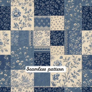 May include: A patchwork fabric design featuring a repeating grid of blue and cream floral motifs, botanical illustrations, and lace-like borders. The textile displays various shades of navy and light blue with the text Seamless pattern.