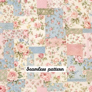 May include: A seamless pattern featuring a patchwork design of various floral prints in shades of pink, blue, green, and cream. The design includes roses, small blossoms, polka dots, and stripes, with the text Seamless pattern centered.