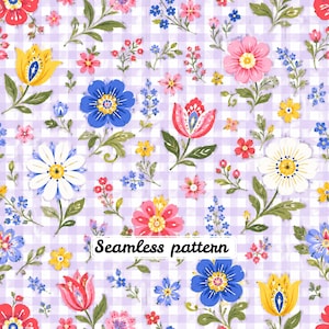 Pode incluir: Um padrão sem costuras com um fundo de xadrez vichy em violeta claro e branco, decorado com várias flores coloridas, incluindo margaridas brancas, flores cor-de-rosa, pétalas azuis e tulipas amarelas, com o texto Seamless pattern.