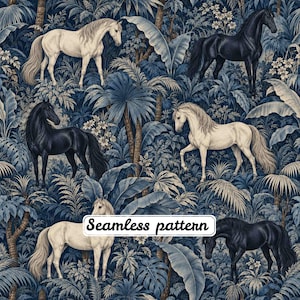 May include: A seamless pattern featuring a repeating design of white and black horses set against a dense, dark blue tropical jungle background with palm leaves and foliage. The text Seamless pattern is printed in a white rectangular box.
